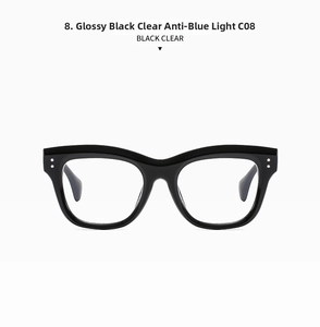 Detail of C08 glossy black square frame with anti-blue light clear lenses and silver studs