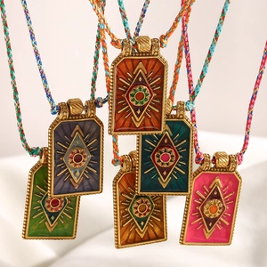 Tarot Card Evil Eye Pendant Necklace Stainless Steel 18K Gold Plated Enamel Colorful Woven Rope Ethnic Style Women