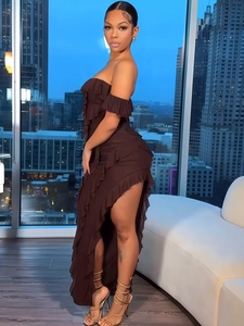 Elegant off-shoulder ruffles evening dress in chocolate brown with a sexy high side slit