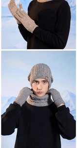 Detailed knit texture of winter thermal hat, neck warmer and gloves set in grey color