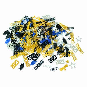 Mix of blue and gold graduation confetti with grad caps, stars, and congrats lettering