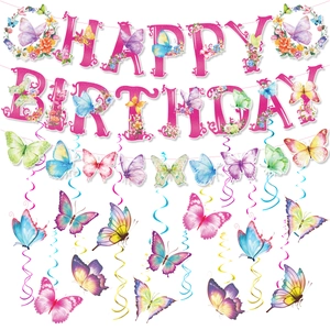 Butterfly Birthday Banner And Hanging Swirls Decorations Paper PVC For Party Pink Floral Garden Theme