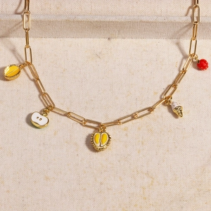 Gold paperclip chain necklace featuring colorful tropical fruit charms like durian and apple