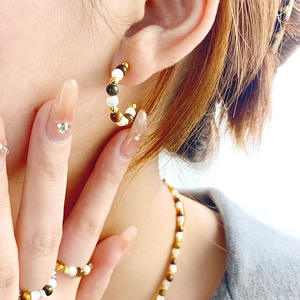 S925 sterling silver C-shaped tiger eye earrings with gold beaded necklace and ring set