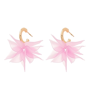 Elegant pink acrylic flower C-shape earrings with translucent frosted petals and gold hooks