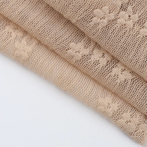 Close-up of beige lace mesh fabric with intricate floral patterns and fine mesh texture