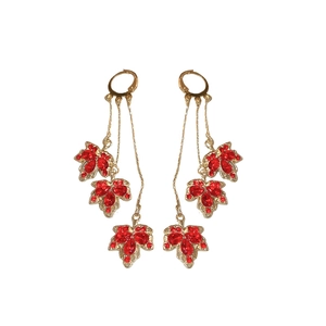 Boucles d'oreilles pompon feuille d'érable vintage avec cristaux rouges et or