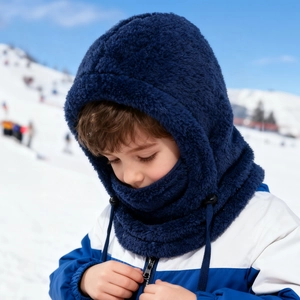 Detail of soft navy blue fleece winter hood with adjustable drawstring for children