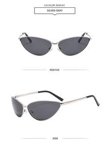 Silver cat-eye metal sunglasses with gray lenses shown from front and side views