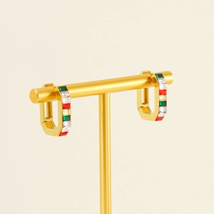Chic 18K gold plated rectangular hoop earrings with colorful baguette-cut zircons