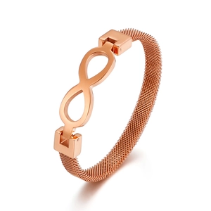 Rose gold mesh bracelet featuring infinity symbol design on clean white background