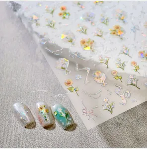 Detailed holographic sunflower nail stickers with 3D floral and ribbon laser effects