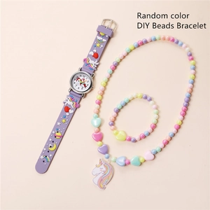 Close-up of unicorn kids watch set with colorful beaded necklace and DIY bracelet