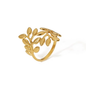 Macro detail of 18k gold plated stainless steel olive leaf ring with open adjustable design