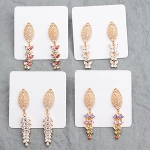 18k gold plated vintage hollow leaf earrings with dangling colorful zircon stones