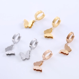 Polished 18K gold-plated stainless steel butterfly hoop earrings with a frosted finish