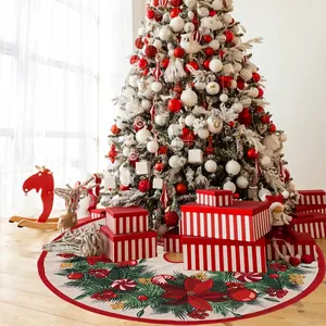 90CM round Christmas tree skirt with festive red floral prints and decorative border