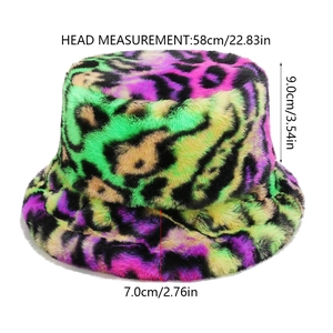 Detail of neon leopard print plush bucket hat with size measurements in centimeters