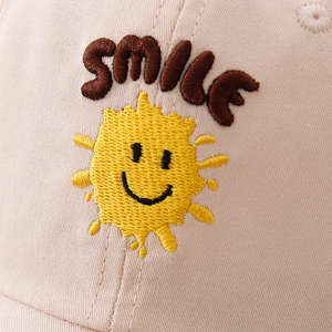 Kids' beige cotton baseball cap with 3D smile and sun embroidery for daily sun protection