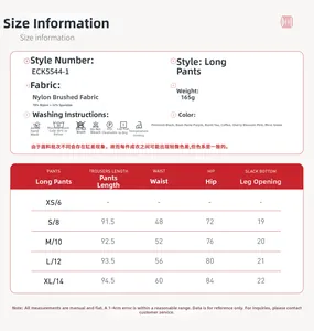 Detailed size chart for women's leggings with high-waist measurements and fabric specs