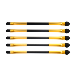 Set of 5 dual-ended eye makeup brushes with black bristles and sponge tips on white background