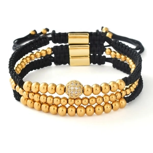 Three-piece luxury men's bracelet set with 5mm gold copper beads and micro-pave zircon charms