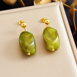 Vintage Dangle Earrings Stainless Steel With Irregular Olive Green Resin Geometric Pendant Retro Jewelry For Women
