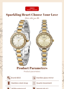 Detail view of IBSO gold and silver quartz watch with crystal bezel and steel strap