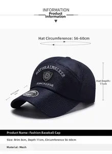 Detail view of navy mesh baseball cap with embroidery and 8cm brim measurements