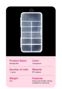 Detail view of 11 grids transparent PP storage box for nail art and jewelry accessories