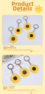 Close-up of sunflower PVC keychain featuring a smiling face and yellow petals with metal clasp