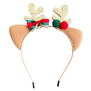 Christmas reindeer antler headband with golden sequins and festive red green ribbons