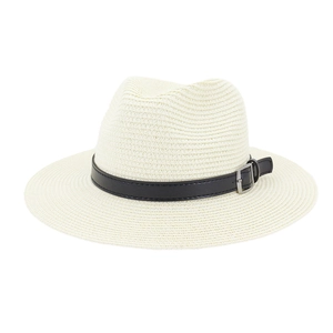 Women's white woven straw beach hat with black faux leather band and silver buckle