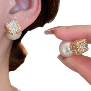 Luxury square zircon and pearl stud earrings with champagne gold finish and elegant design