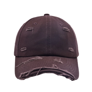 Vintage dark brown distressed baseball cap with ripped details and worn-out brim design