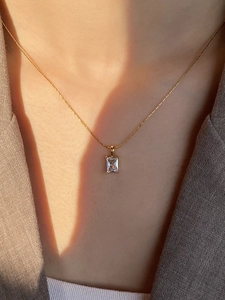 Elegant gold titanium steel necklace with a square cubic zirconia pendant for women