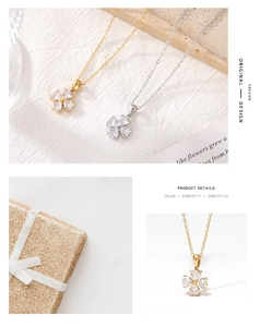 Detail showing clover flower necklace in gold and silver finish with zircon inlay