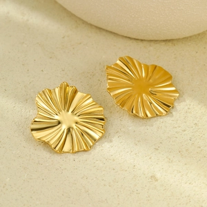 Golden irregular geometric floral stud earrings with radiant pleated stripes and textures