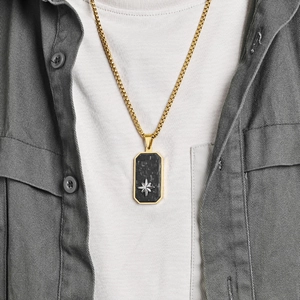 Forged carbon fiber dog tag necklace with gold frame and silver octagram star for men
