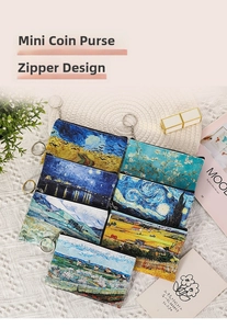 Artistic Van Gogh painting print coin purse with zipper closure and key ring feature