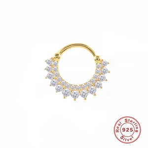 Golden S925 sterling silver nose ring with double-row clear zircons and hallmark