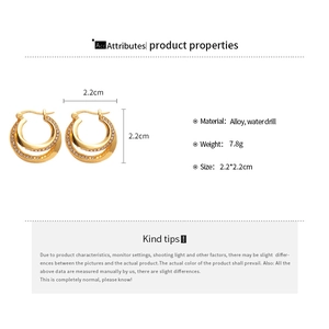 Detailed size and weight specs for sparkling double-layer gold hoop earrings with rhinestones
