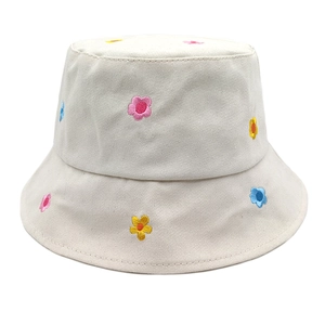 Beige cotton bucket hat with colorful flower embroidery for sun protection