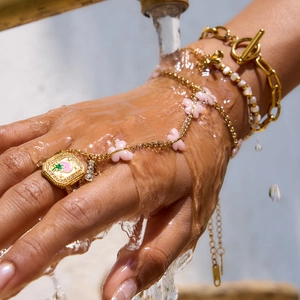 Fashion Jewelry Stainless Steel Gold Plated Pink Butterfly Artificial Pearl Bracelet And Palm Tree Ring For Women Waterproof Tarnish Free