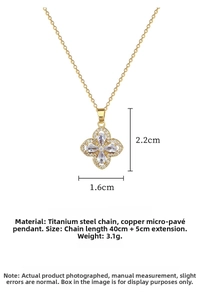 Detailed view of titanium steel necklace with gold four-leaf clover pendant and dimensions