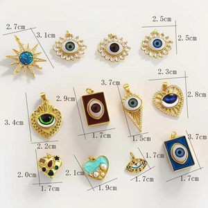 Detailed size chart of gold-plated evil eye charms with vibrant enamel and zircon details