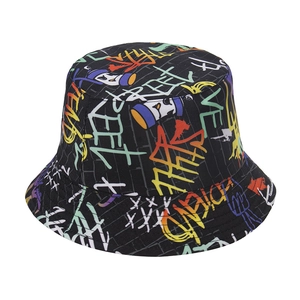 Stylish graffiti bucket hat in black with colorful street art patterns and wide brim