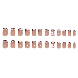 Pink French leopard print square press on nails with 3D bow accents and clear finish