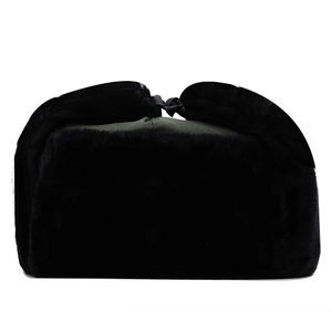 Russian style winter trapper hat with green canvas top and thick black faux fur ear flaps