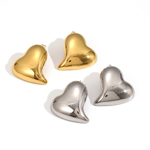 Set of four thick puffy heart stud earrings in 18k gold plated and silver stainless steel